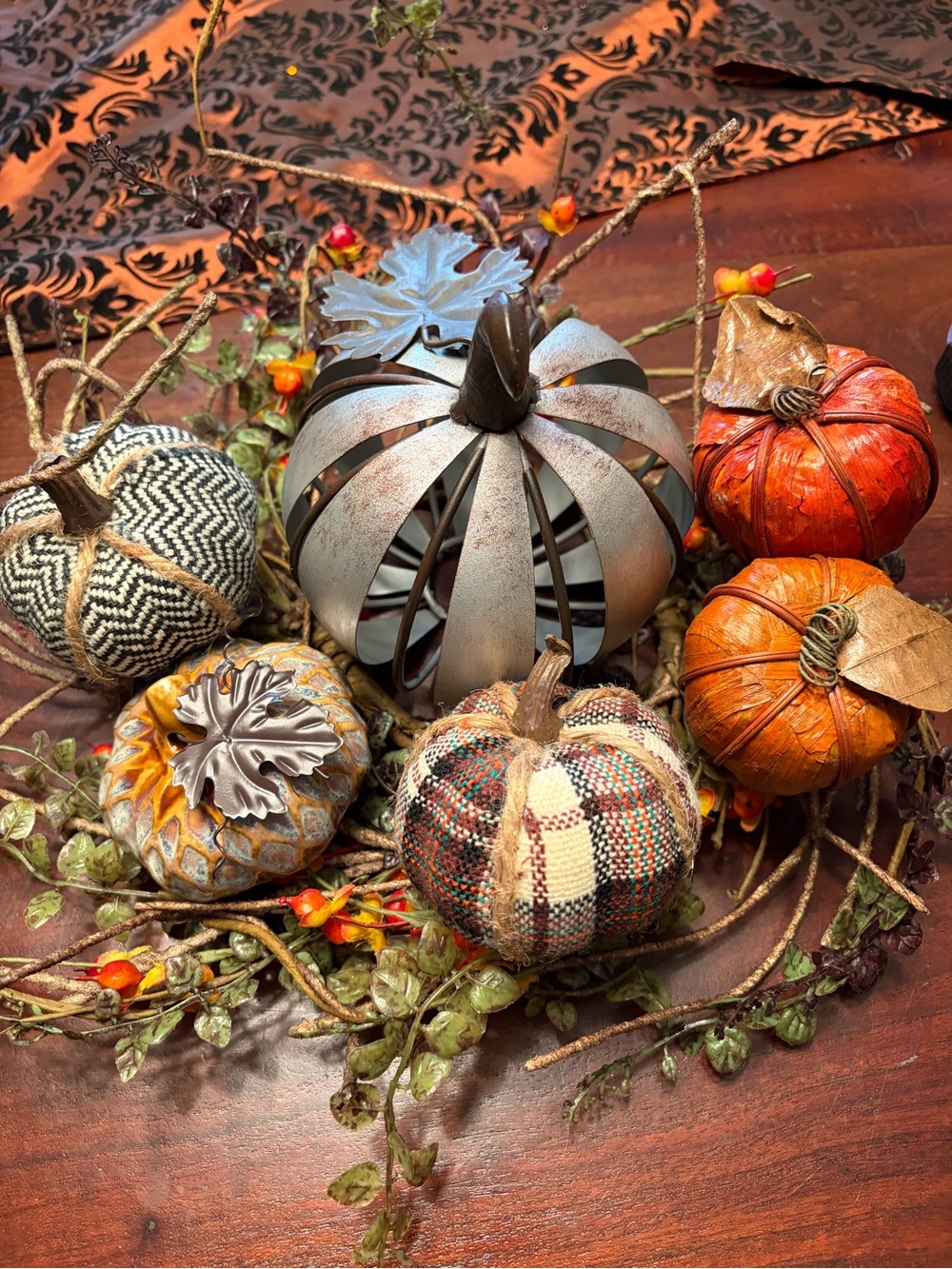 Decorative Fall Pumpkin Centerpiece Set - Mixed Textures & Metals lot of 7 items